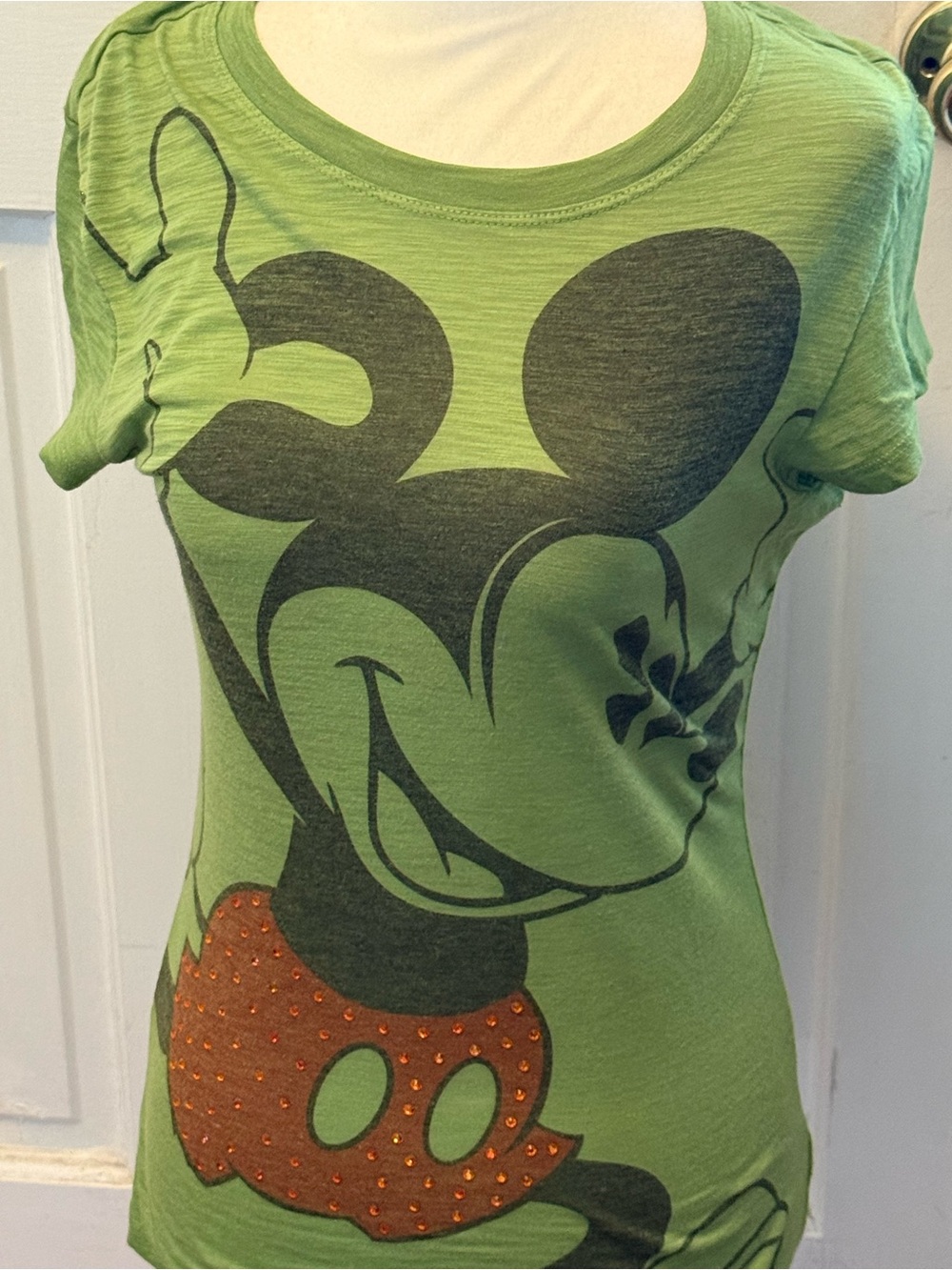 Vintage Y2K Green Mickey Graphic Women’s Tee with Red Accents and Jewels